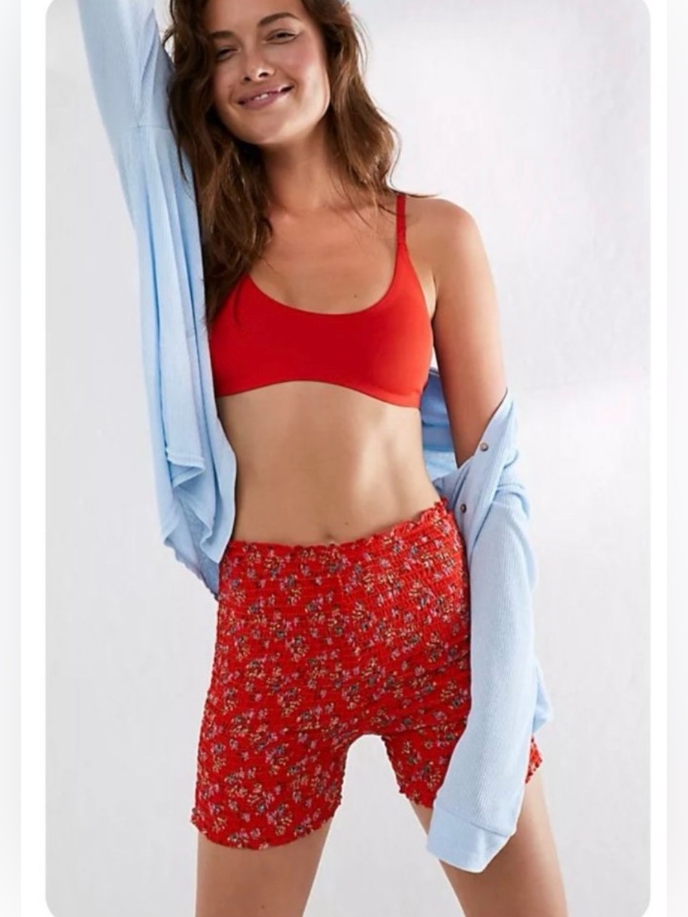 Free People Maia Smocked Shorts In Red Meadow Combo Medium